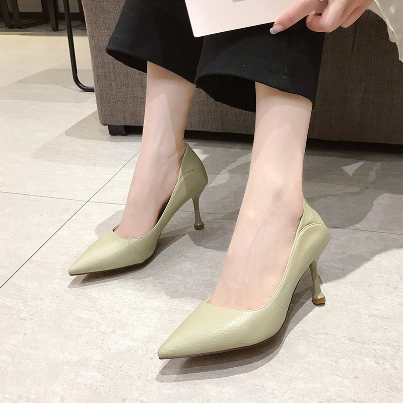 Soft leather high heel shoes for women fine heel all matching temperament black professional work shoes women new styles 2024