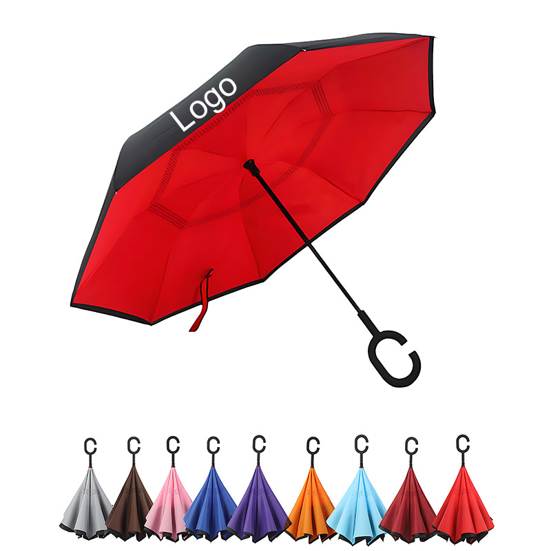 Wholesale Custom Red Black Full Logo Printed Windproof Umbrella Reverse  AutoPromotional Gifts C-shaped Handle Inverted Umbrella