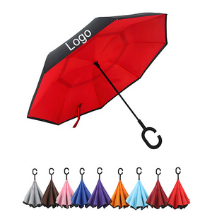 Wholesale Custom Red Black Full Logo Printed Windproof Umbrella Reverse  AutoPromotional Gifts C-shaped Handle Inverted Umbrella