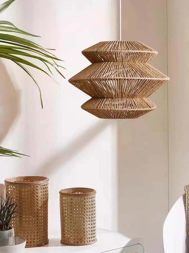 Rustic style rattan lamp light cover geometric shade chandelier wicker fixture decorative woven classic lamp basket