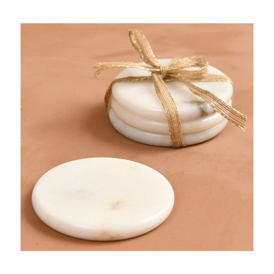 Handmade Marble Modling Work Tea Coaster Set Beautiful White Color Smooth Round Shape Coaster Set for Home Hotel Kitchen Decor