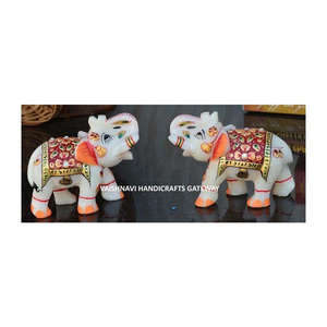 Handmade Multi Color Marble Forest Elephant Statue, Beautiful Gold Painted Animal Statue