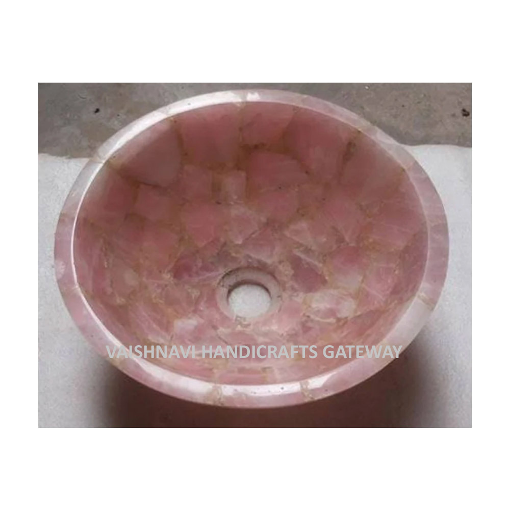 Handmade Rajasthani High Class Gemstone Rose Quartz Dining Room Decorative Wash Basin