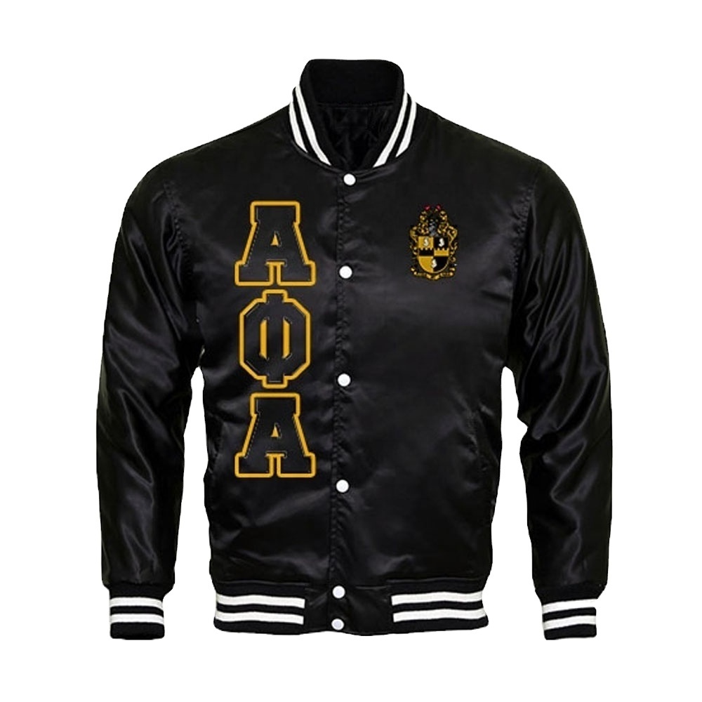 Satin jacket Greek gear with front Button custom wholesale bomber letters college jacket Satin Varsity jacket men