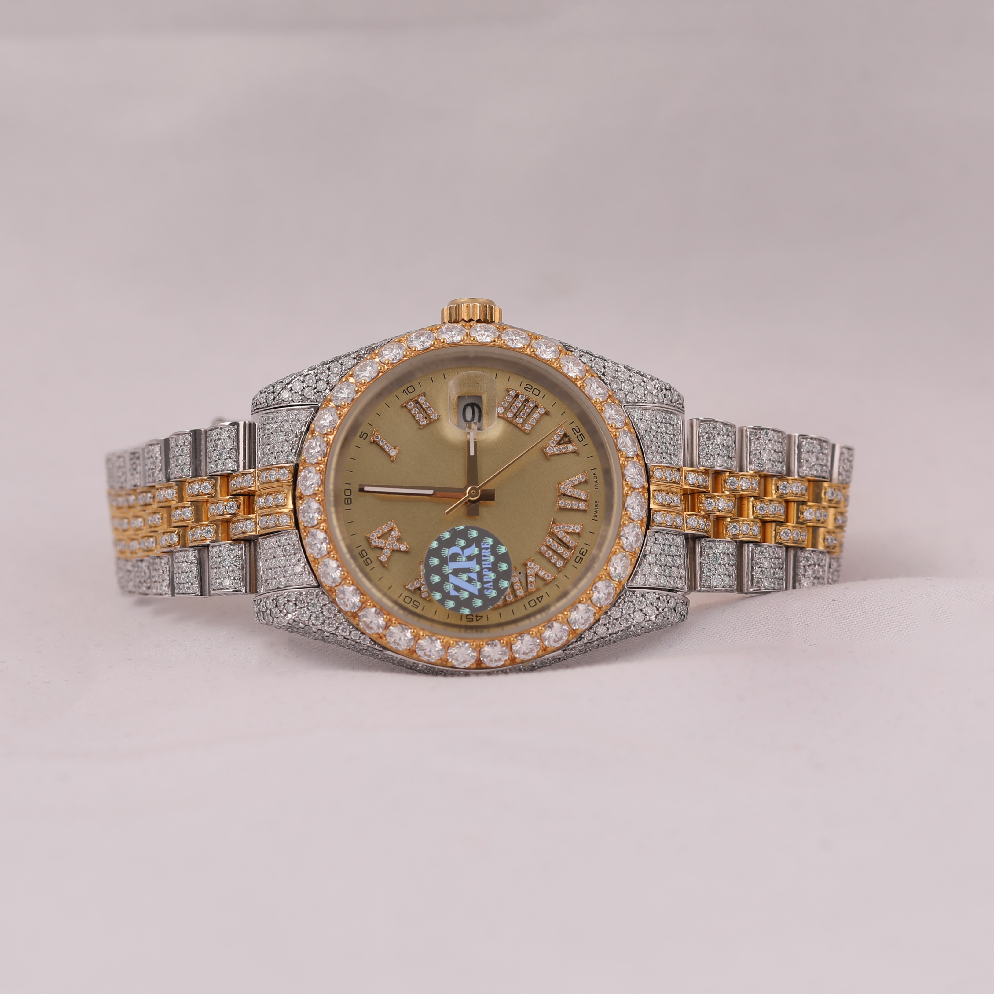 GOLDEN TONE Dial FANCY Fully Iced Out Moissanite DIAMOND Watch / Stainless Steel Luxurious Watch - Ideal Gift for Hip Hop Lovers