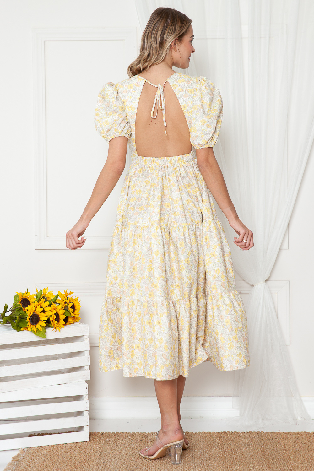 High Quality Spring Summer Open Back with Yellow Floral Maxi Dress