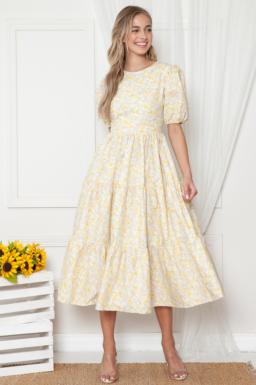 High Quality Spring Summer Open Back with Yellow Floral Maxi Dress