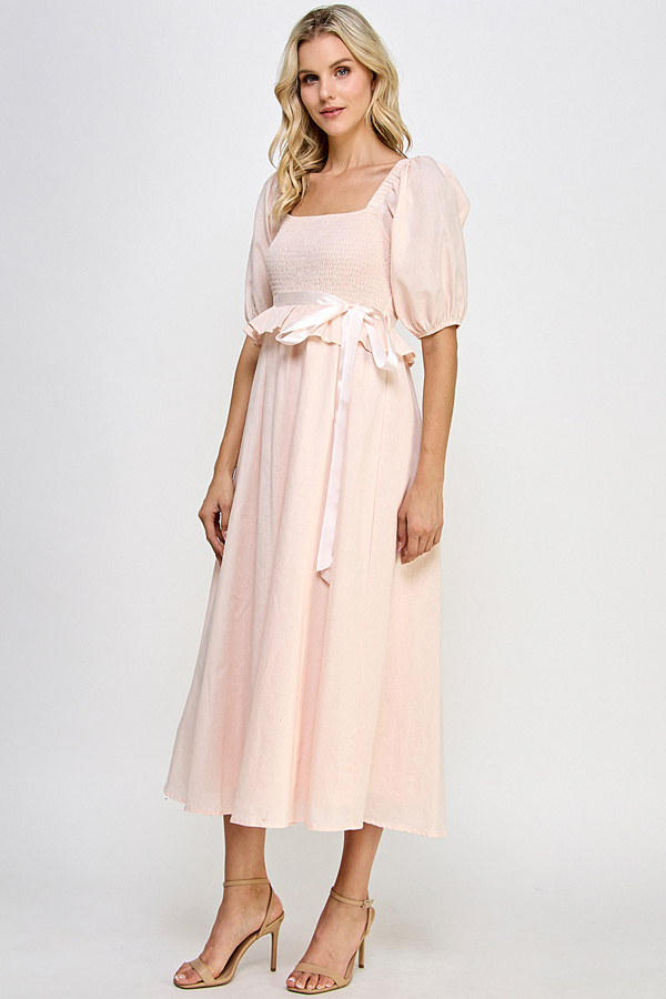 High Quality Solid Soft Pink Puff Smocked Midi Satin Ribbon Ruffled Maxi Dress