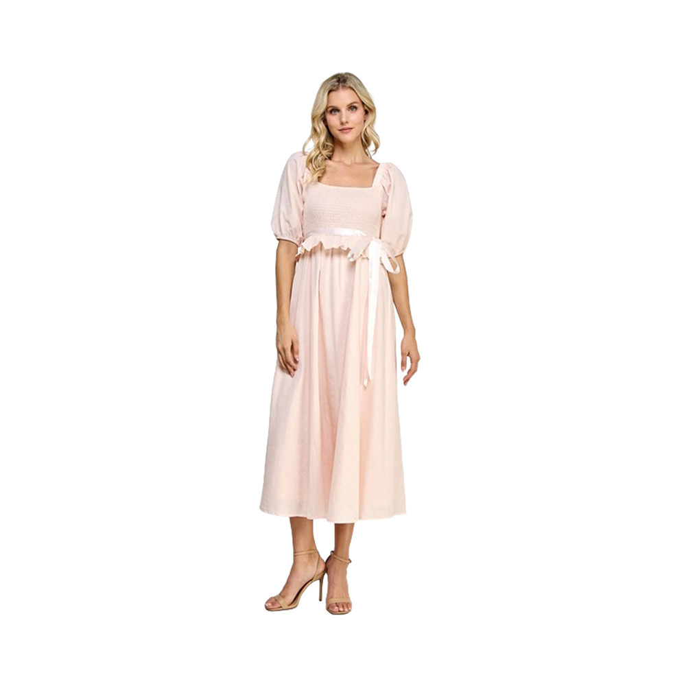 High Quality Solid Soft Pink Puff Smocked Midi Satin Ribbon Ruffled Maxi Dress