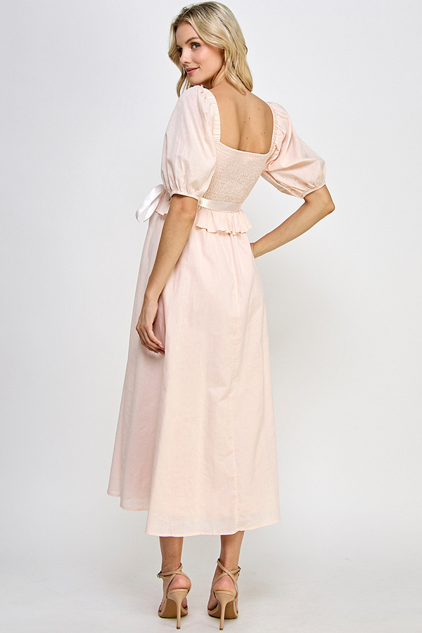 High Quality Solid Soft Pink Puff Smocked Midi Satin Ribbon Ruffled Maxi Dress