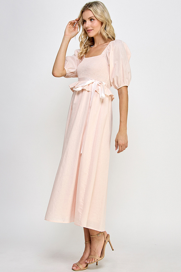 High Quality Solid Soft Pink Puff Smocked Midi Satin Ribbon Ruffled Maxi Dress