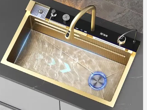 New Trend Golden Nano SUS 304 One Piece Automatic Cup Washer Piano Digital Display Two Waterfall Faucet Kitchen Sinks