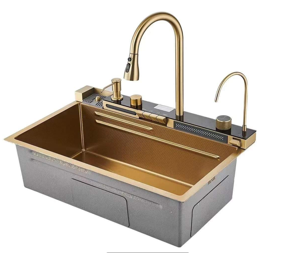 New Trend Golden Nano SUS 304 One Piece Automatic Cup Washer Piano Digital Display Two Waterfall Faucet Kitchen Sinks