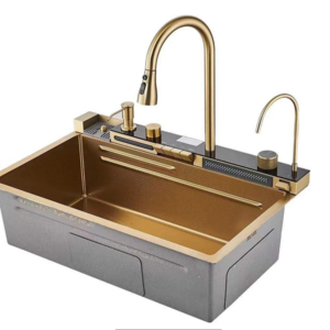 New Trend Golden Nano SUS 304 One Piece Automatic Cup Washer Piano Digital Display Two Waterfall Faucet Kitchen Sinks