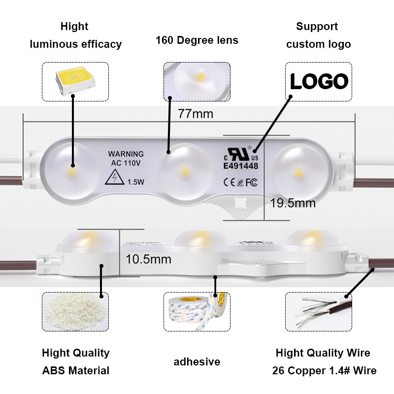 3 chips lens 160 degree 3w AC led module 220v 110v input no need power supply and side light for light box led  injection model