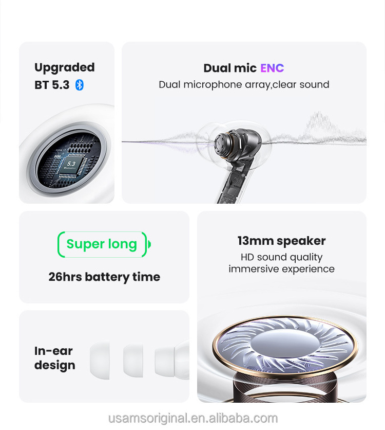 USAMS US-XD19 TWS  Wireless Earphone in-ear headphones 5 hrs playtime BT5.3 Dual-mic ENC TWS Earbuds