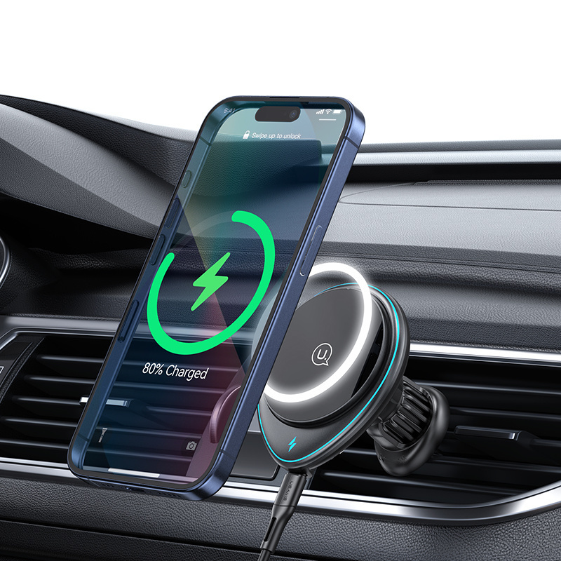 USAMS 2024 new products car wireless charger magnetic 15W Fast Charging Pad Mobile Phone Holders with led breathing light