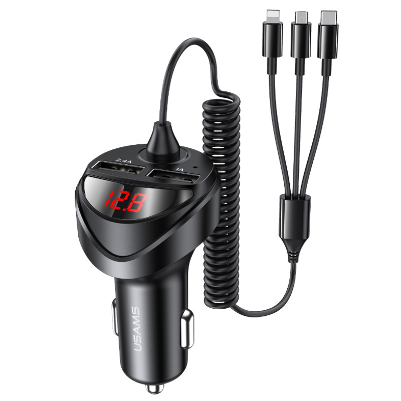 USAMS CC119 12v dual USB 5v 3.4a fast charging universal mobile phone car charger wth 3in1 spring cable