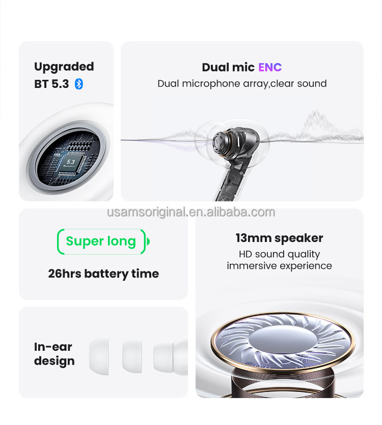 USAMS ENC Noise Cancelling Bluetooth TWS Wholesale Electronics in-ear Earphones Custom Logo Headphones earbuds