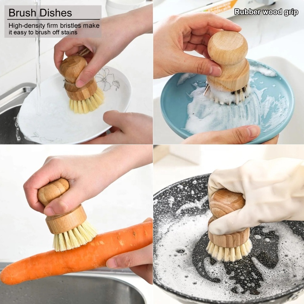 Kitchen sink natural sisal bristles brush pan pots and vegetable washing scrubber wooden bamboo dish scrub brush for Household