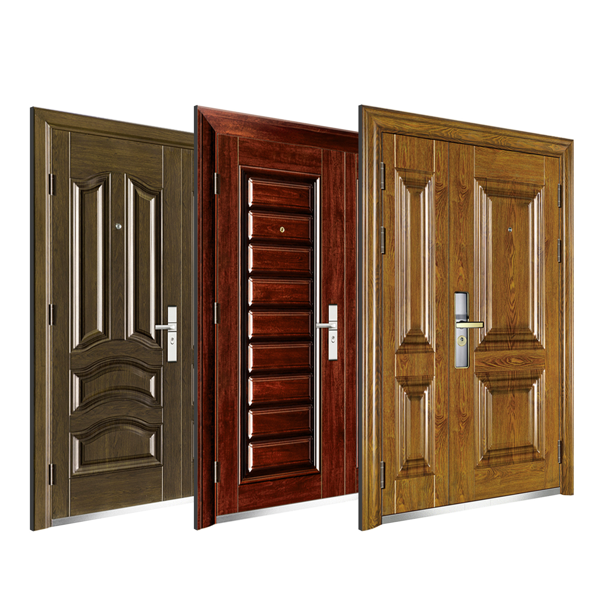 Hot Sale Exterior Security Steel Metal Door For Villa With Safety Door Handle Embossed Wooden Grain Lock Entry Pivot Door