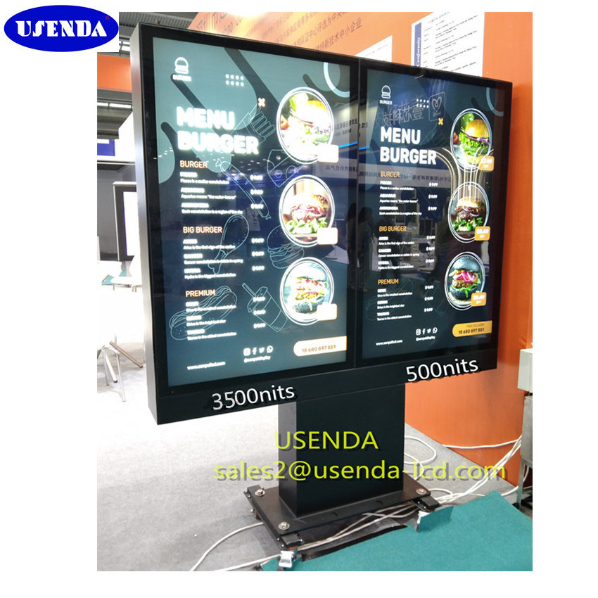 Outdoor 55 Inch 4k 3500Nit IP65 Waterproof Dual Screen Drive Thru Menu Boards Display Lcd Digital Signage For Outdoor Restaurant