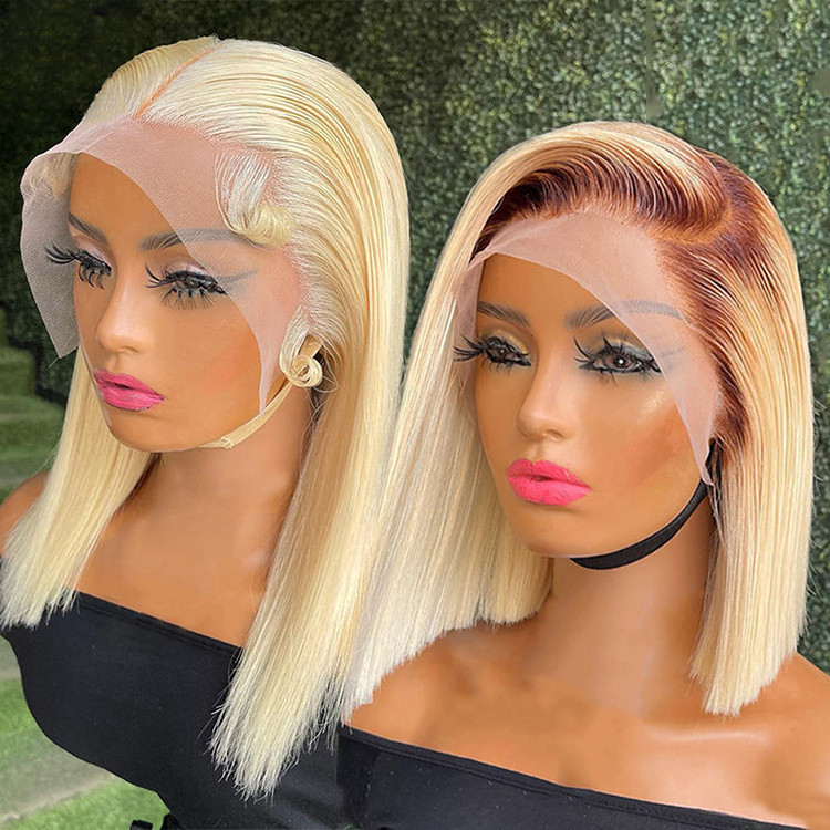 Ready to ship preplucked 613 blonde bob wigs for black women human hair short transparent swiss straight 13x4 lace front wigs