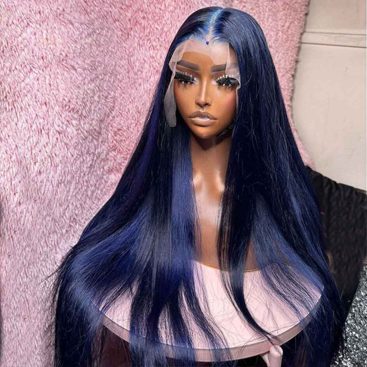 Natrual Black Blue Highlights Wig Mix Piano Color Straight Pre Plucked Hd Transparent Lace Front Raw Virgin Human Hair Wigs