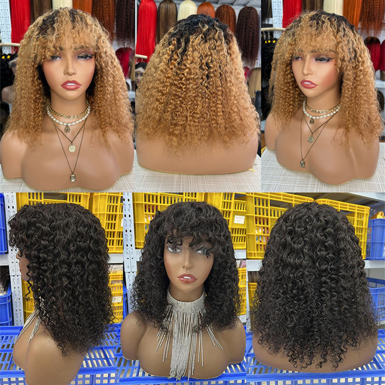 Afro Kinky Curly Bob Wig With Bangs Machine Made Pixie Cut Closure Wigs For Black Women Brazilian Curly T Part Human Hair Wigs