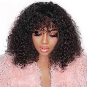 Afro Kinky Curly Bob Wig With Bangs Machine Made Pixie Cut Closure Wigs For Black Women Brazilian Curly T Part Human Hair Wigs