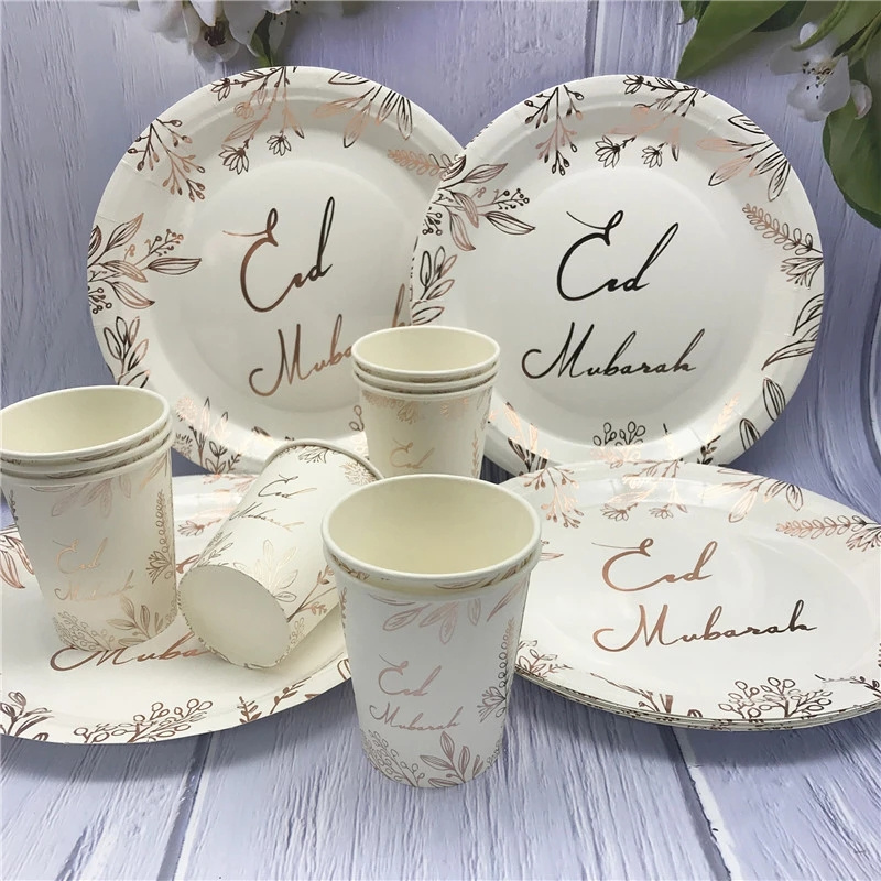 Rose gold Eid Mubarak Disposable Tableware Paper Plates and Cups Banner Eid Mubarak table paper for Islam Party Eid