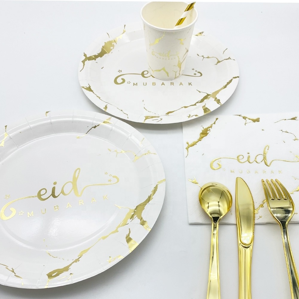 luxurious marble gold stamping foil eid plate cup napkin eid mubarak decorations