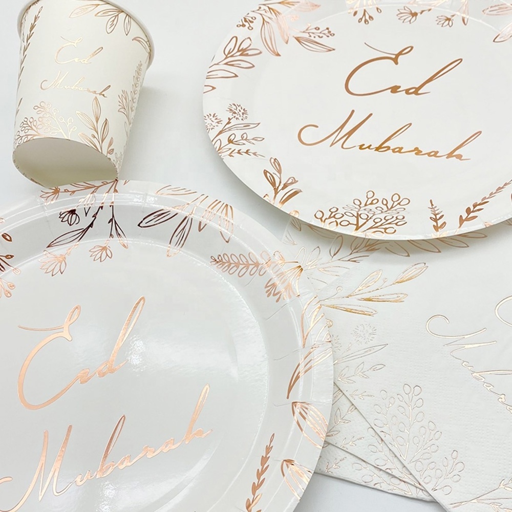 luxury rose gold foil Eid Mubarak party paper plate cup napkin tableware kit