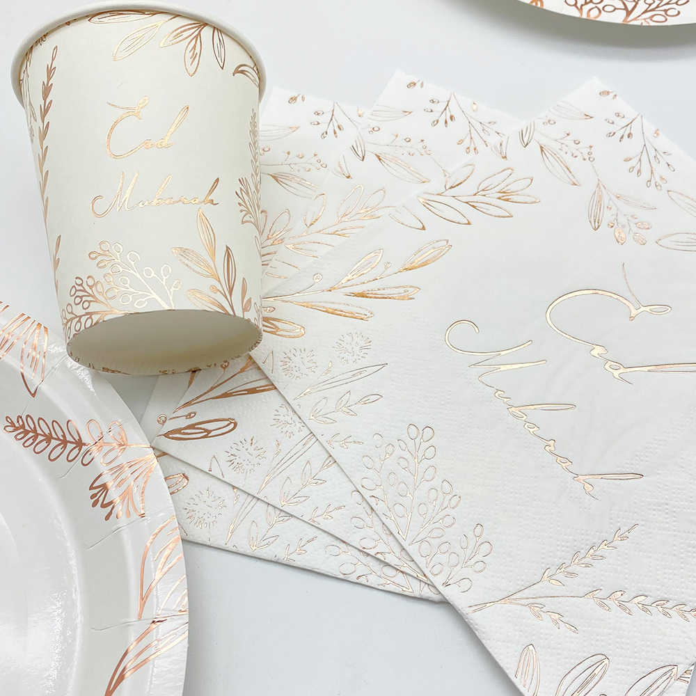 luxury rose gold foil Eid Mubarak party paper plate cup napkin tableware kit