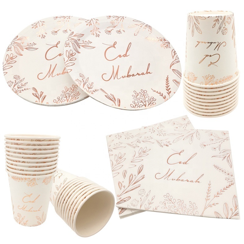 luxury rose gold foil Eid Mubarak party paper plate cup napkin tableware kit