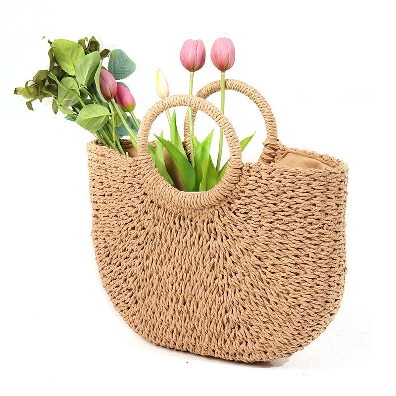 Half-moon shaped hand woven Yuan Dou handmade holiday garden wind grass bag