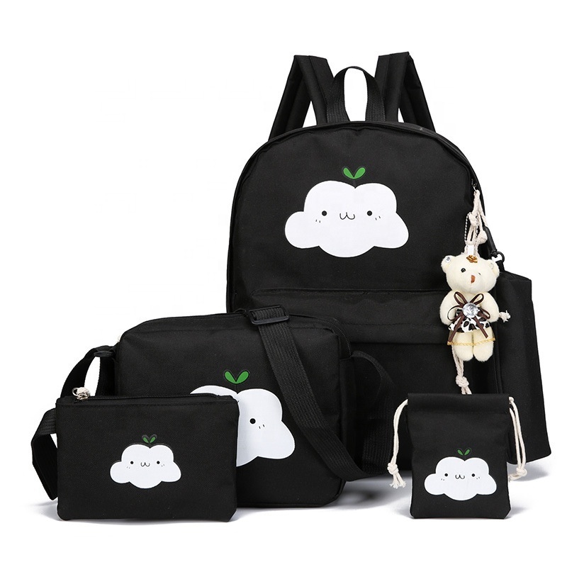 4Pcs Bowknot Cat Prints  Girls School Bookbag Rucksack for Primary Girls School Backpack Set with Lunch Kits