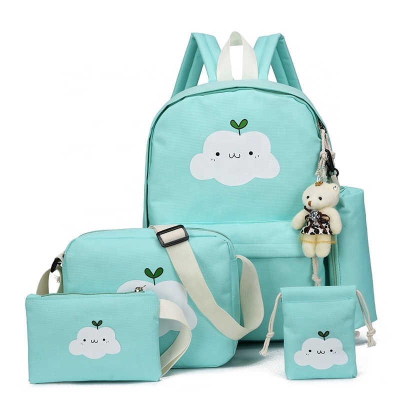 4Pcs Bowknot Cat Prints  Girls School Bookbag Rucksack for Primary Girls School Backpack Set with Lunch Kits