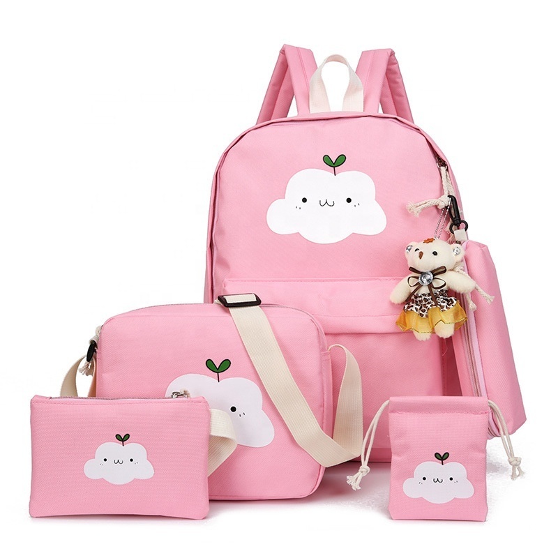 4Pcs Bowknot Cat Prints  Girls School Bookbag Rucksack for Primary Girls School Backpack Set with Lunch Kits