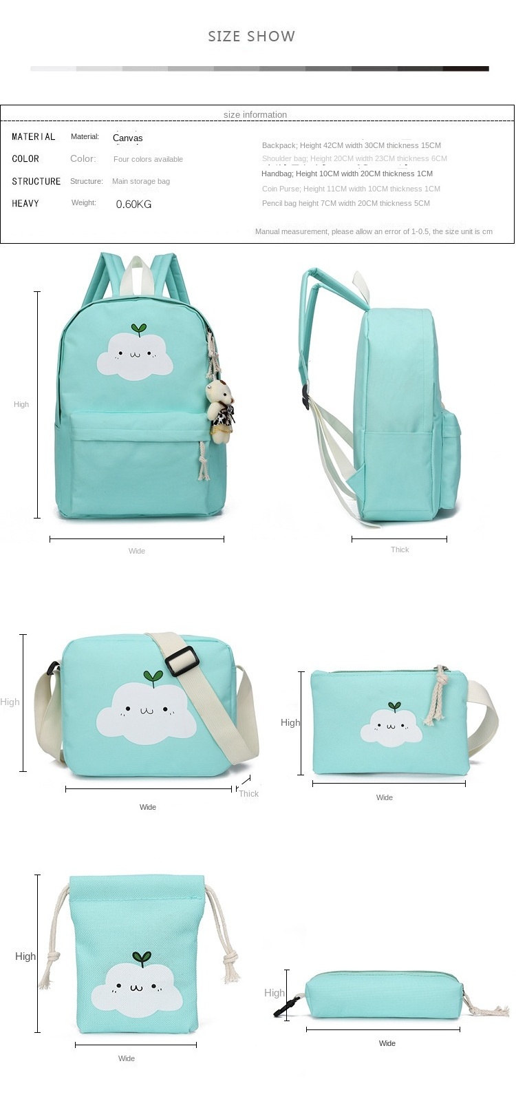 4Pcs Bowknot Cat Prints  Girls School Bookbag Rucksack for Primary Girls School Backpack Set with Lunch Kits