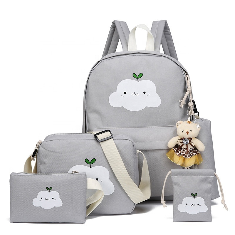 4Pcs Bowknot Cat Prints  Girls School Bookbag Rucksack for Primary Girls School Backpack Set with Lunch Kits