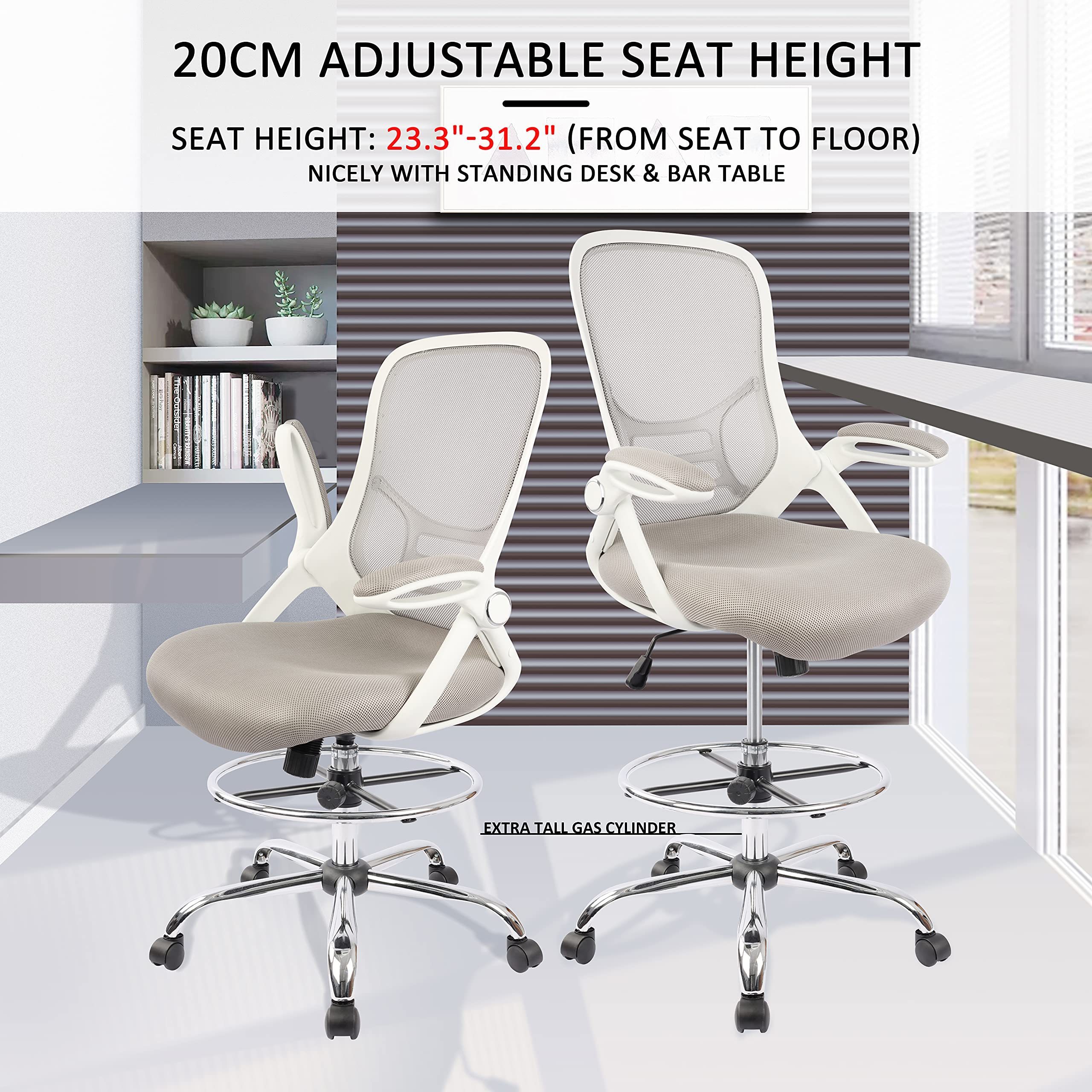 High-Back Mesh Ergonomic Drafting Chair Tall Office Chair Standing Desk Stool with Adjustable Foot Ring and Flip-Up Arms