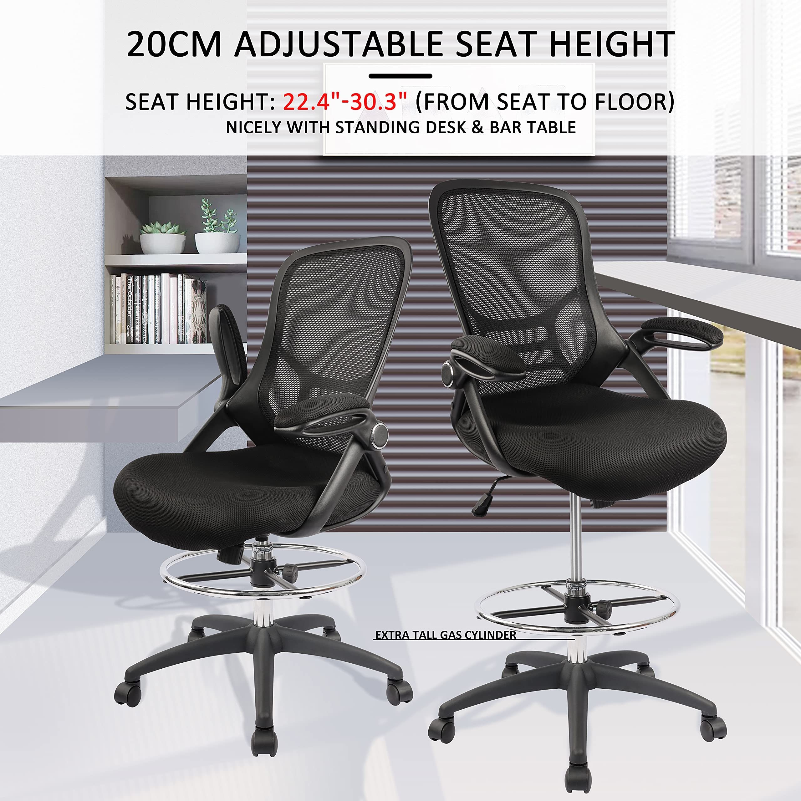 High-Back Mesh Ergonomic Drafting Chair Tall Office Chair Standing Desk Stool with Adjustable Foot Ring and Flip-Up Arms