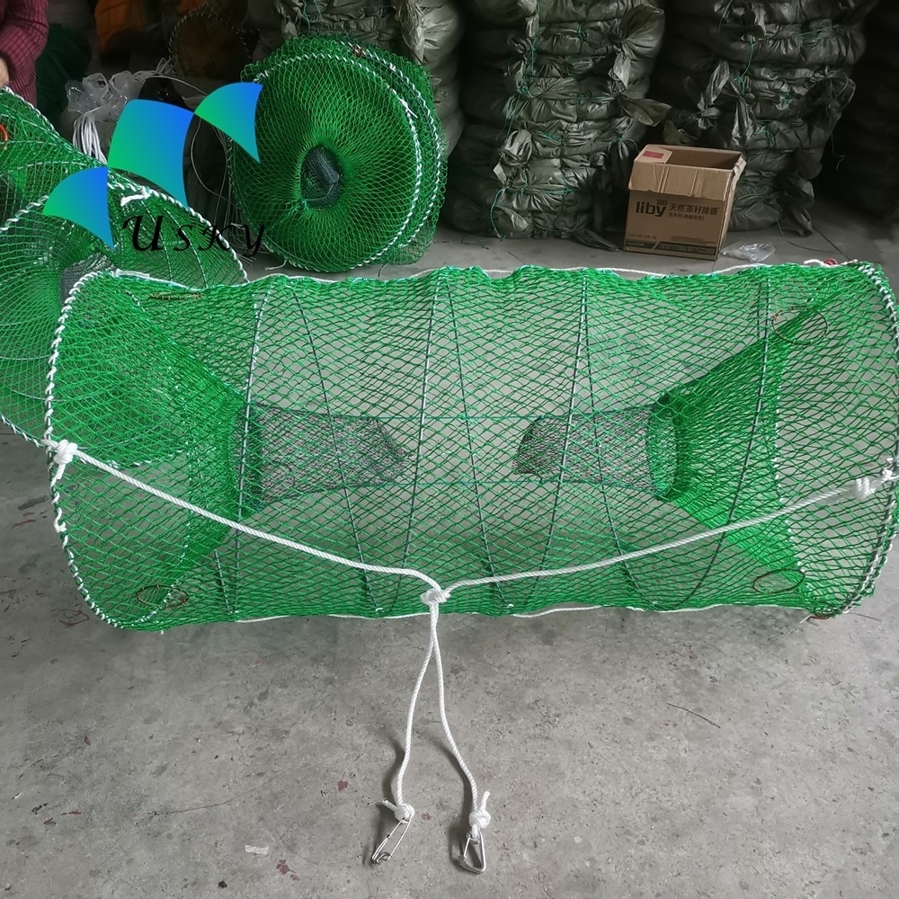 70x140cm Green Mesh Coil Spring Folding Crab Fishing Pot Loaded Black Cod Fish Traps for Alaska New Zealand with bait jars