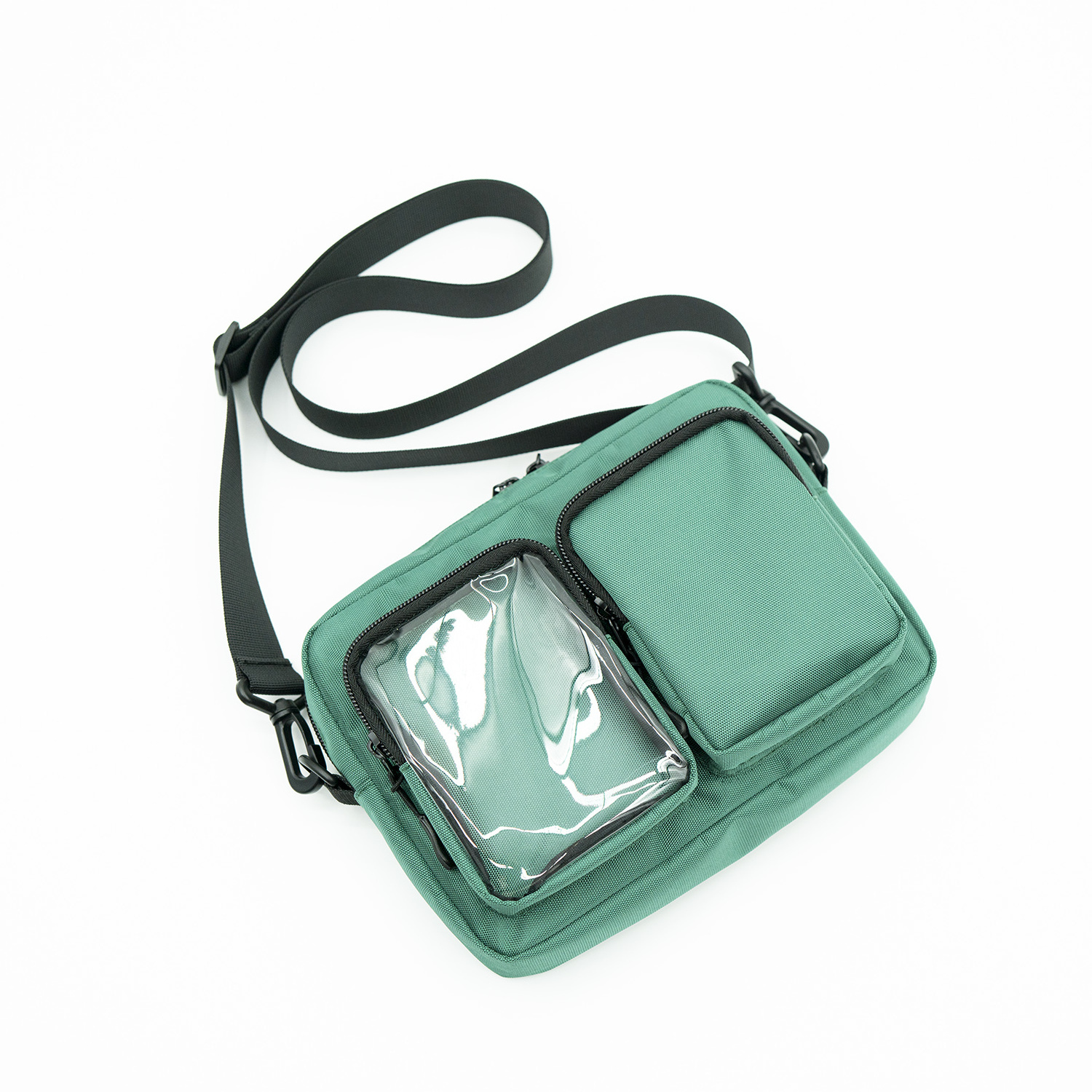 Custom logo fashion sing-shoulder messenger bag teenagers Korean style nylon sling pack with clear PVC front pocket