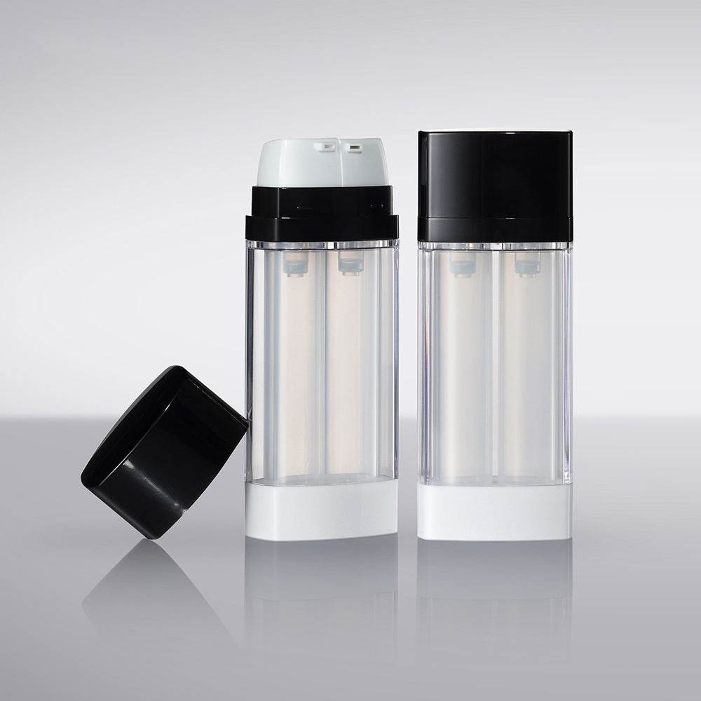 Double Tube Airless Pump Bottle Custom Empty Cosmetic Plastic New Design Square dual chamber 2in 1 airless bottle