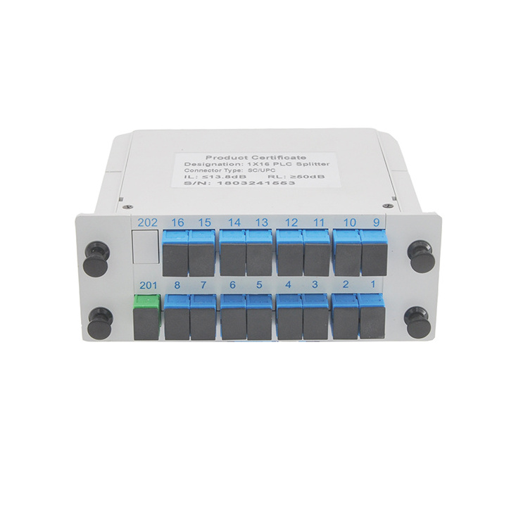 FTTH 1x16 Fiber Optical PLC Cassette Splitter 1-16 with SC UPC Connectors 1:16 Lgx Box Plc Splitter Pigtail