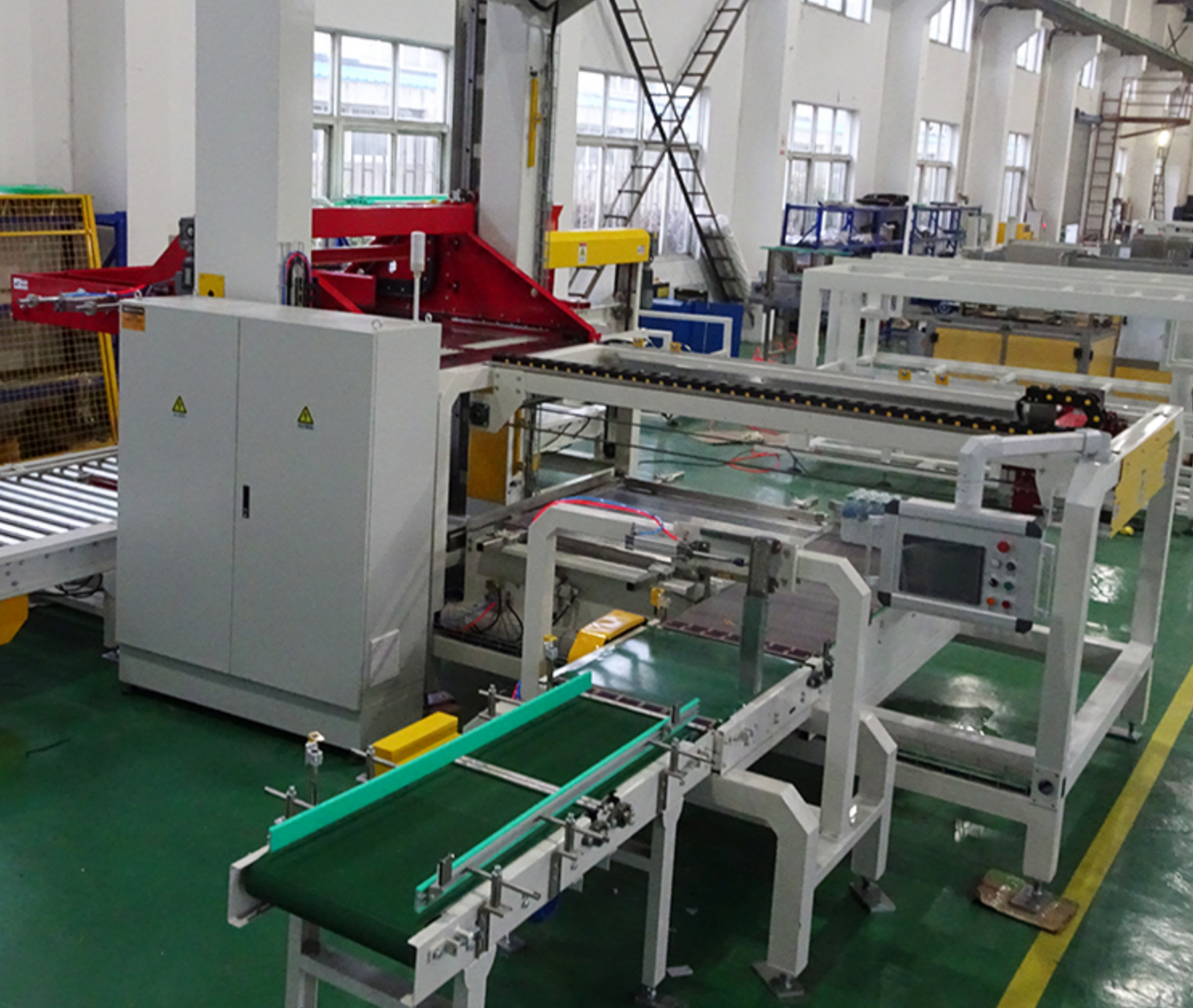 Online Full Auto fully automatic Case carton box Coordinate palletizer Stack stacking pallet wrapping Packaging machine Line