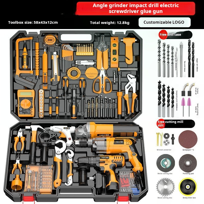 High-Power 118PCs Tool Kit with Impact Drill Angle Grinder 12V Lithium Electric Drill Glue Gun Sander OEM Supported Hard Case