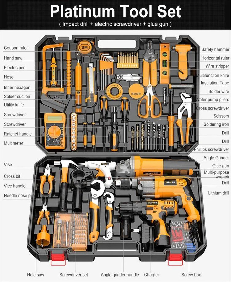 High-Power 118PCs Tool Kit with Impact Drill Angle Grinder 12V Lithium Electric Drill Glue Gun Sander OEM Supported Hard Case